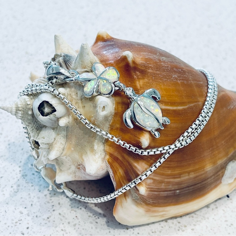 Sterling Silver White lab Opal Turtle and Plumeria Necklace, Flower Necklaces